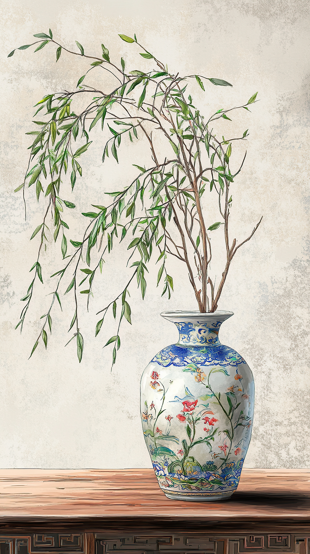 清明节木桌上的青花瓷瓶与柳枝插画AI
