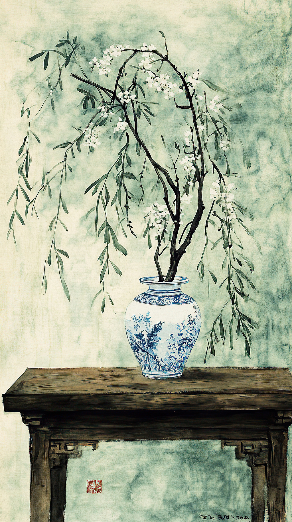 清明节中式桌上的蓝白瓷瓶与柳枝花插画AI