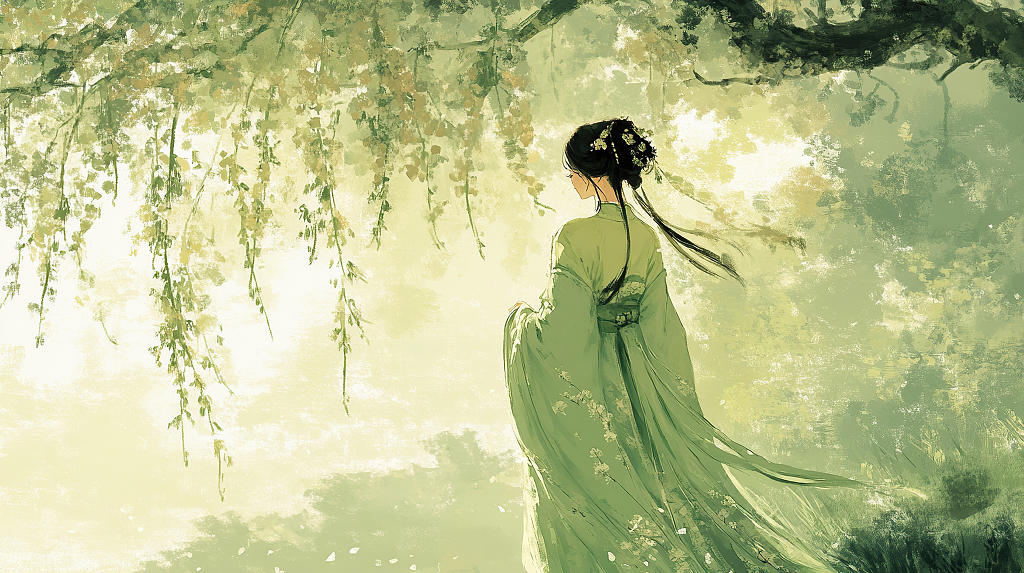 清明节柳树下的古代女子背影插画AI