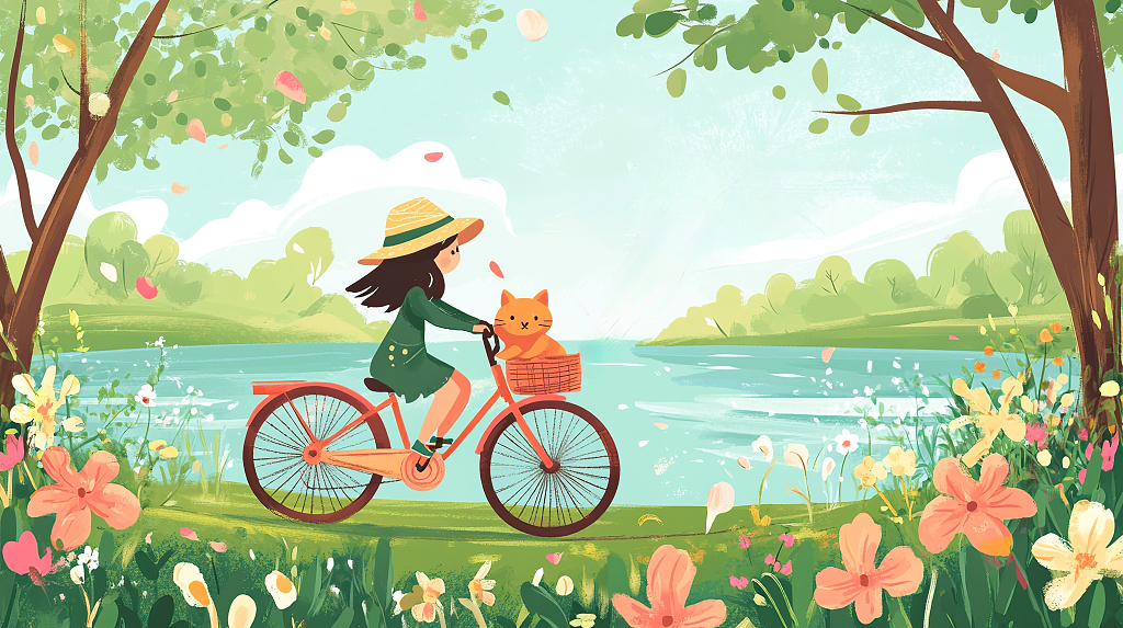 清明节戴着草帽的女孩和小猫在湖边骑车卡通插画AI