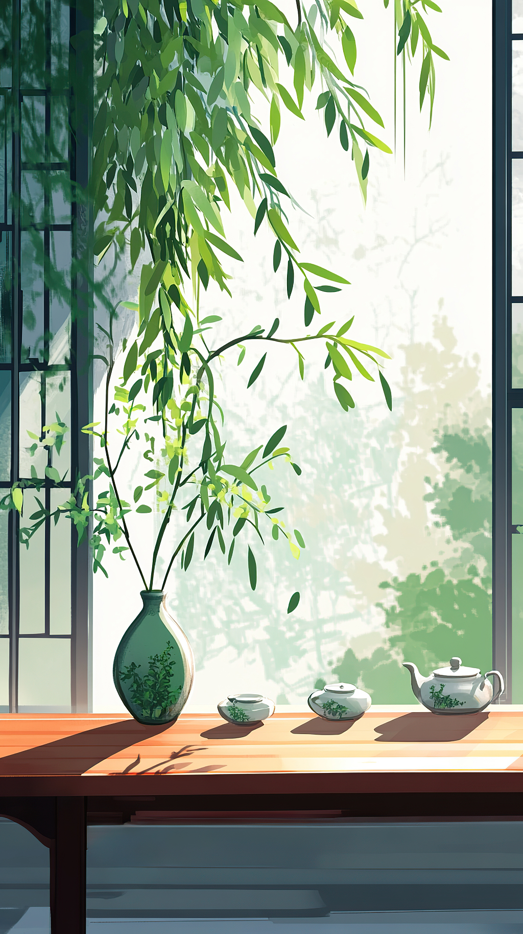 清明节窗边木桌上的柳枝花瓶和茶具简约插画AI