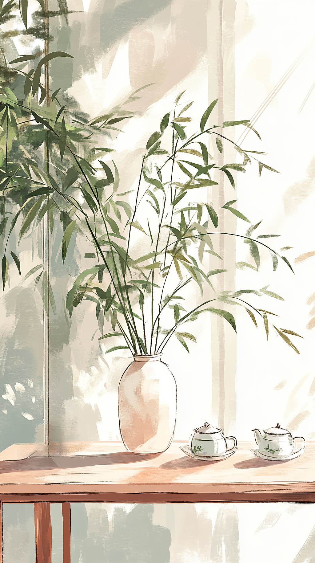 清明节窗边木桌上插着柳枝的花瓶和茶具简约插画AI