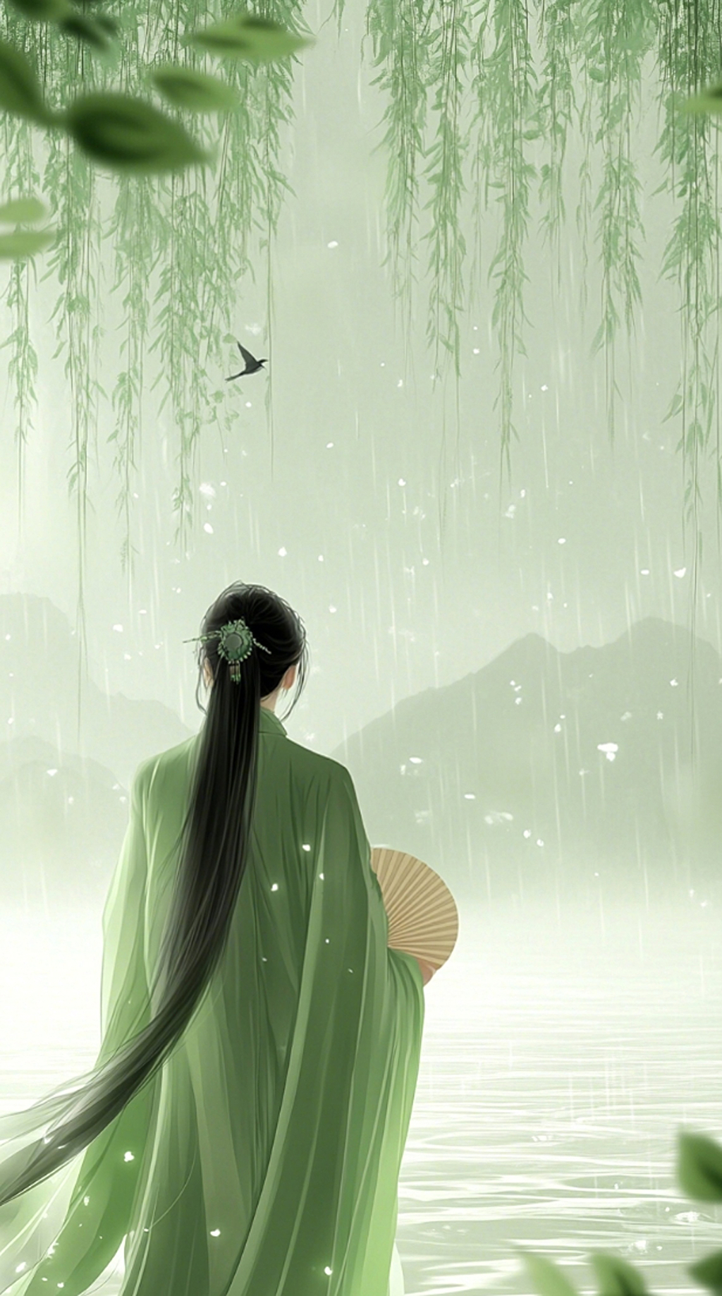 清明节雨幕中的绿衣佳人AI