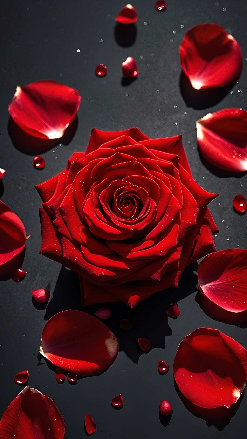 黑底上红玫瑰与散落花瓣营造出唯美氛围玫瑰花氛围背景	AI