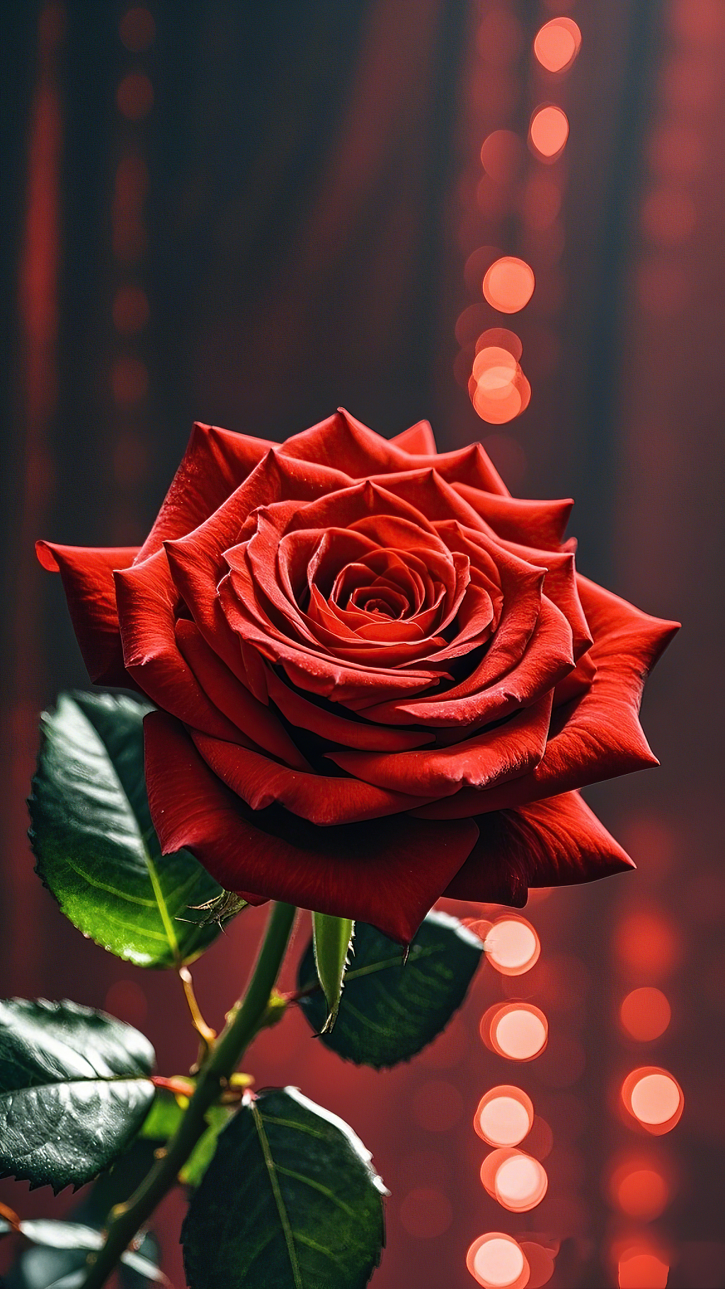 红色背景光斑衬托下娇艳欲滴的红玫瑰花玫瑰花氛围图	AI