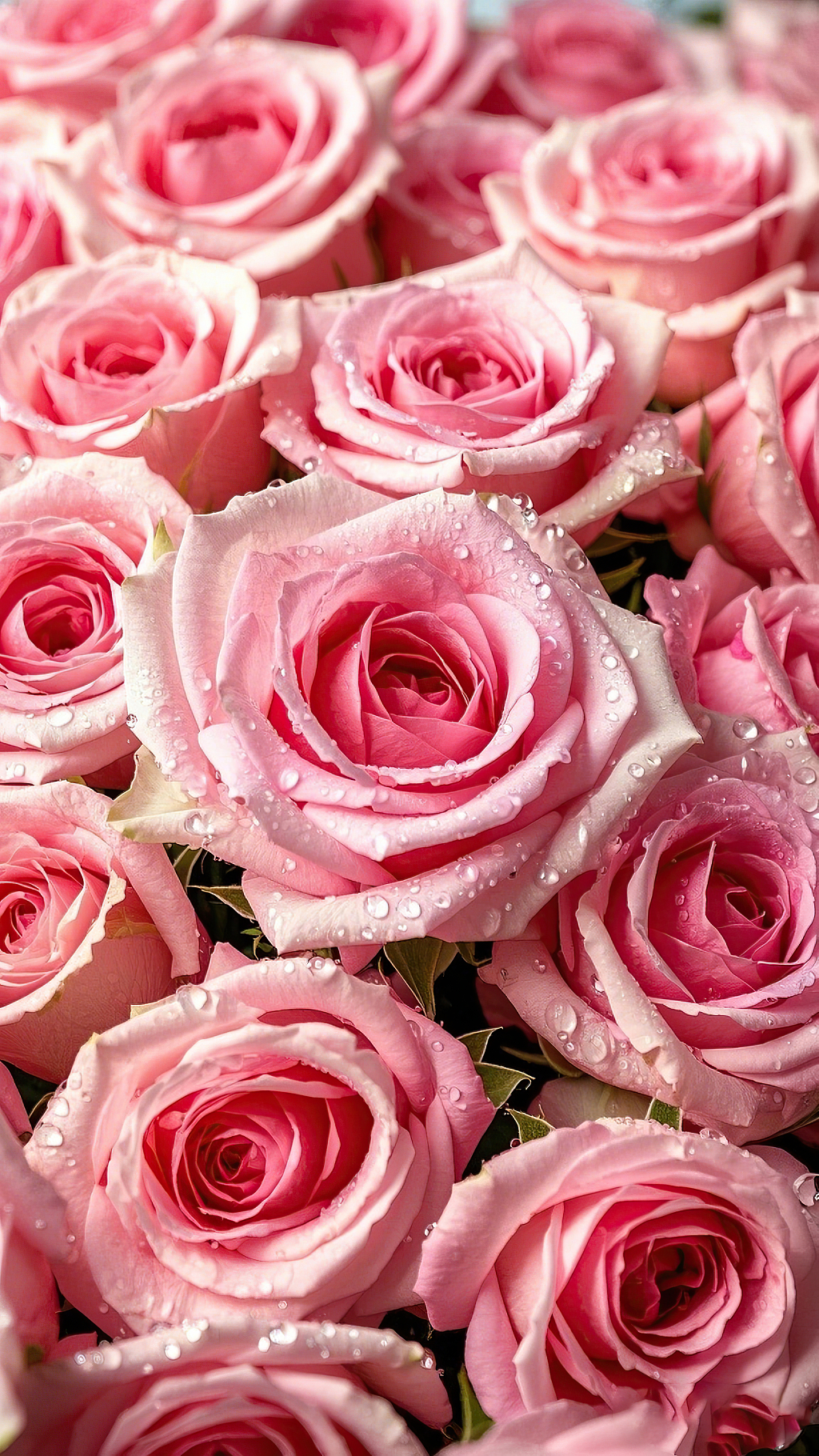 带水珠的粉色玫瑰花簇拥在一起形成美丽画面玫瑰花氛围背景	AI