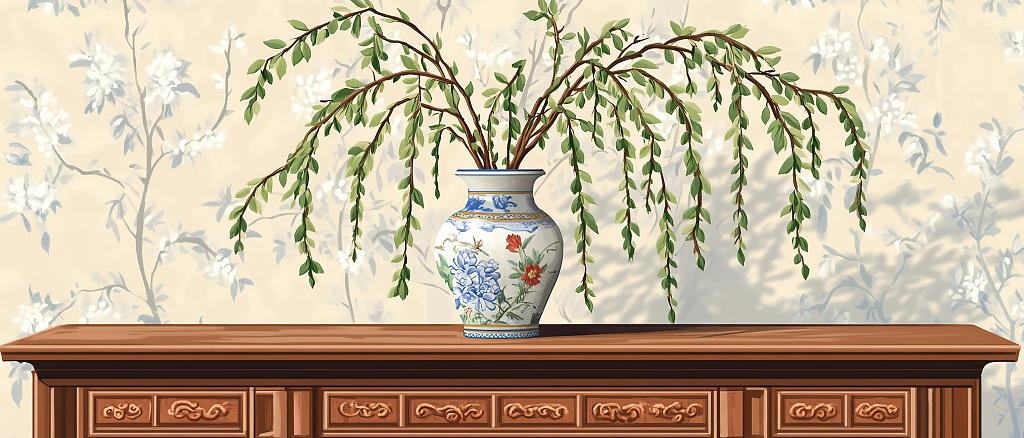 清明节中式柜上的瓷瓶绿植中式插画AI