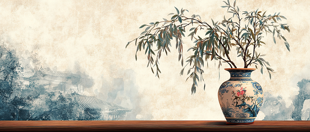 清明节古风桌案上的瓷瓶与景中式水墨插画AI