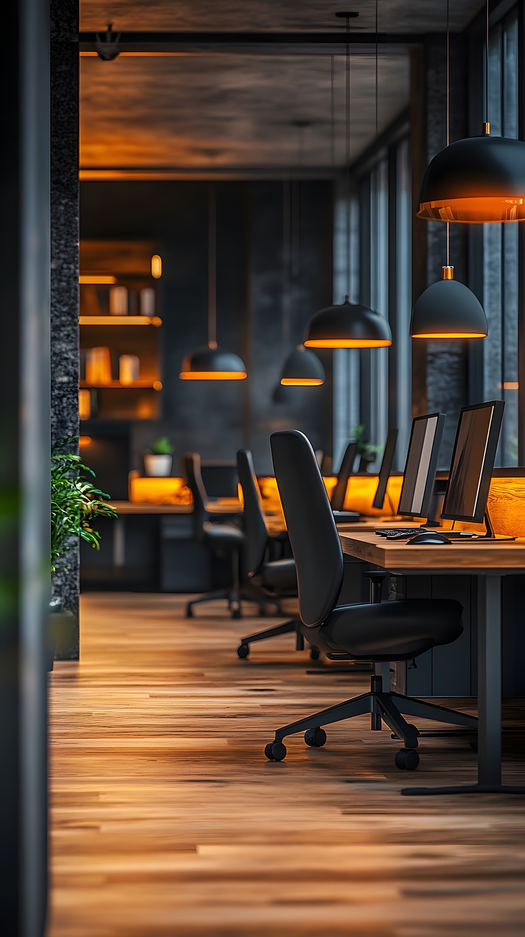 现代风格开放式团队办公室夜景工作空间AI