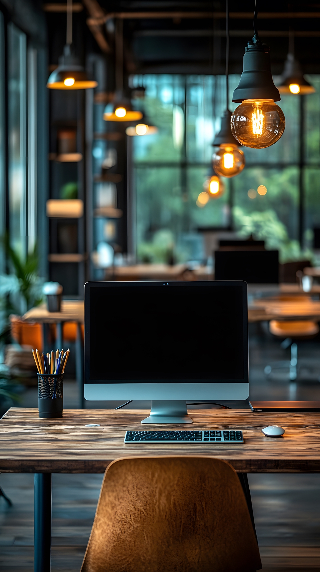 复古工业风开放式办公室秋季自然光线现代工作环境AI