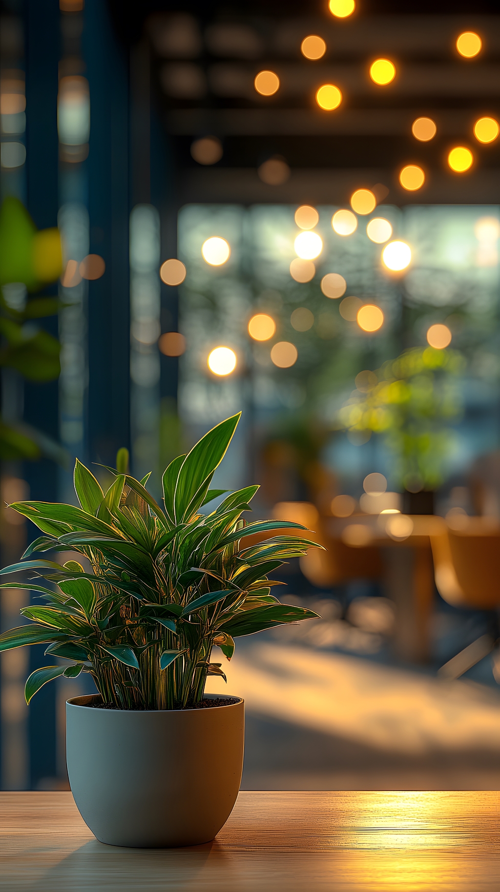 暖光环境下办公桌上的绿色植物装饰AI