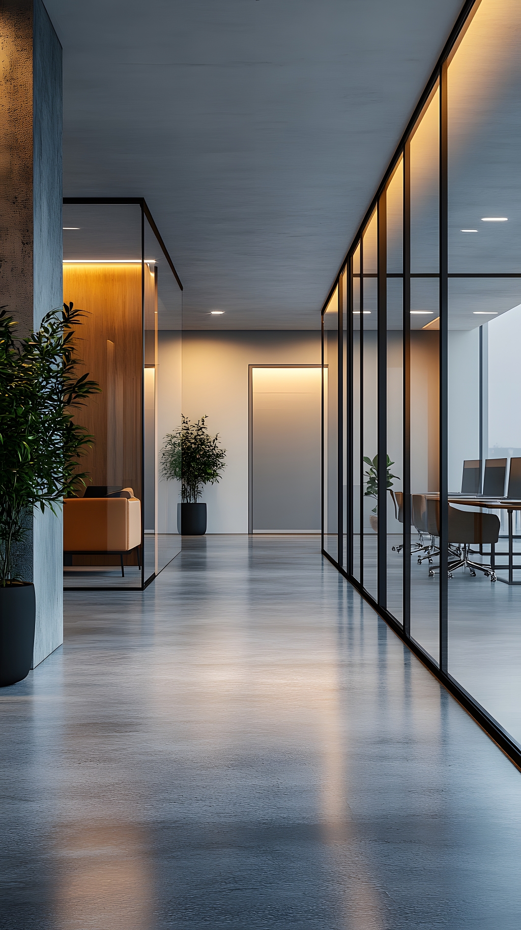 现代玻璃隔断办公走廊黄昏灯光氛围AI