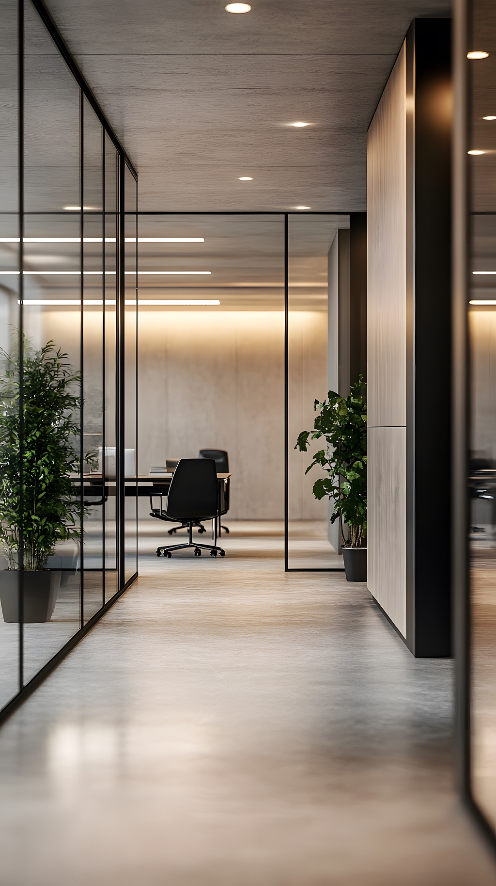 现代简约风办公室玻璃隔断走廊设计绿植装饰AI