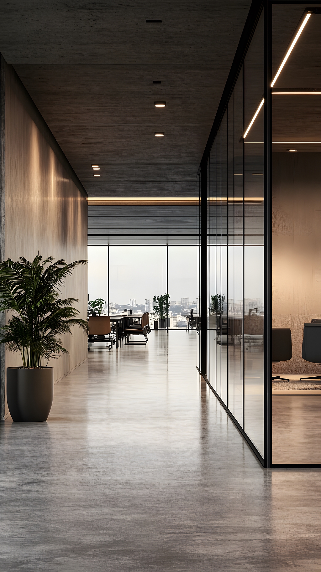 现代商务办公楼走廊玻璃隔断极简设计风格AI