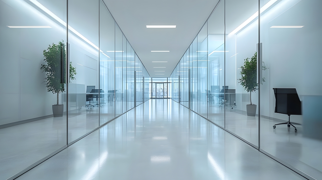 现代办公楼玻璃走廊通道设计感极简风格AI
