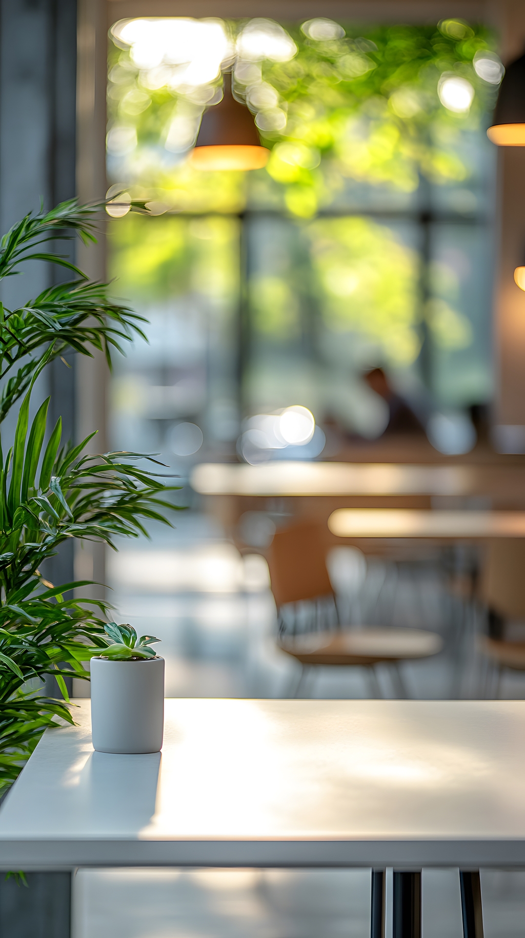 办公室绿植白色桌面阳光洒落自然氛围AI
