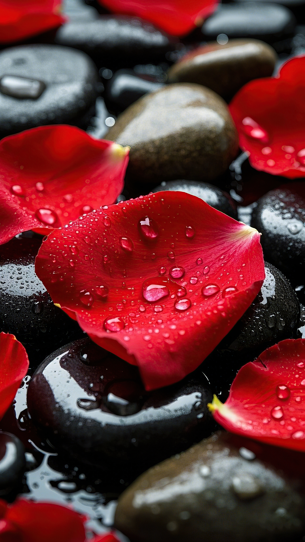 带水珠红色玫瑰花瓣散落在黑色鹅卵石上	AI