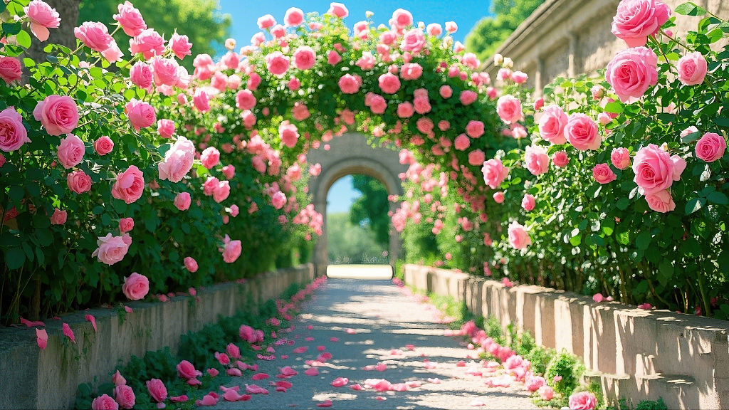 阳光明媚下粉色玫瑰拱门和散落花瓣的美丽通道	AI