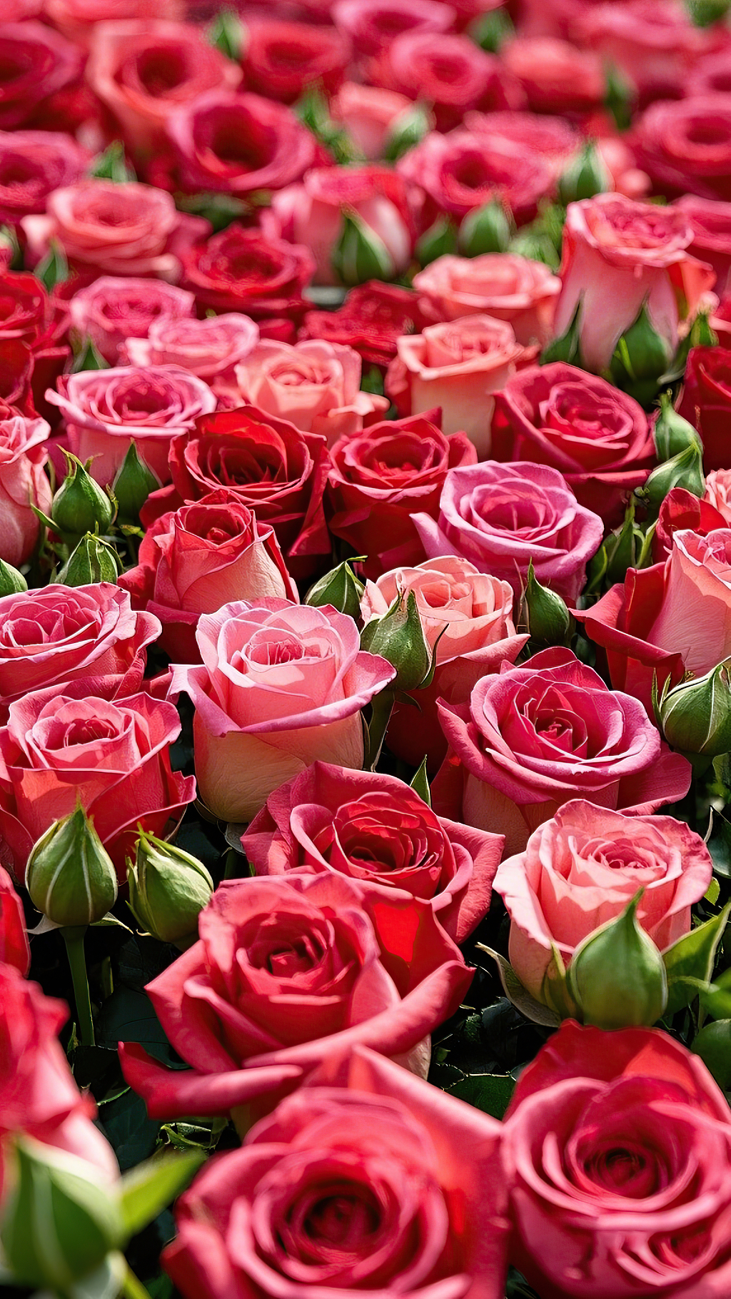 大面积红色和粉色玫瑰花及花苞的壮观场景	AI