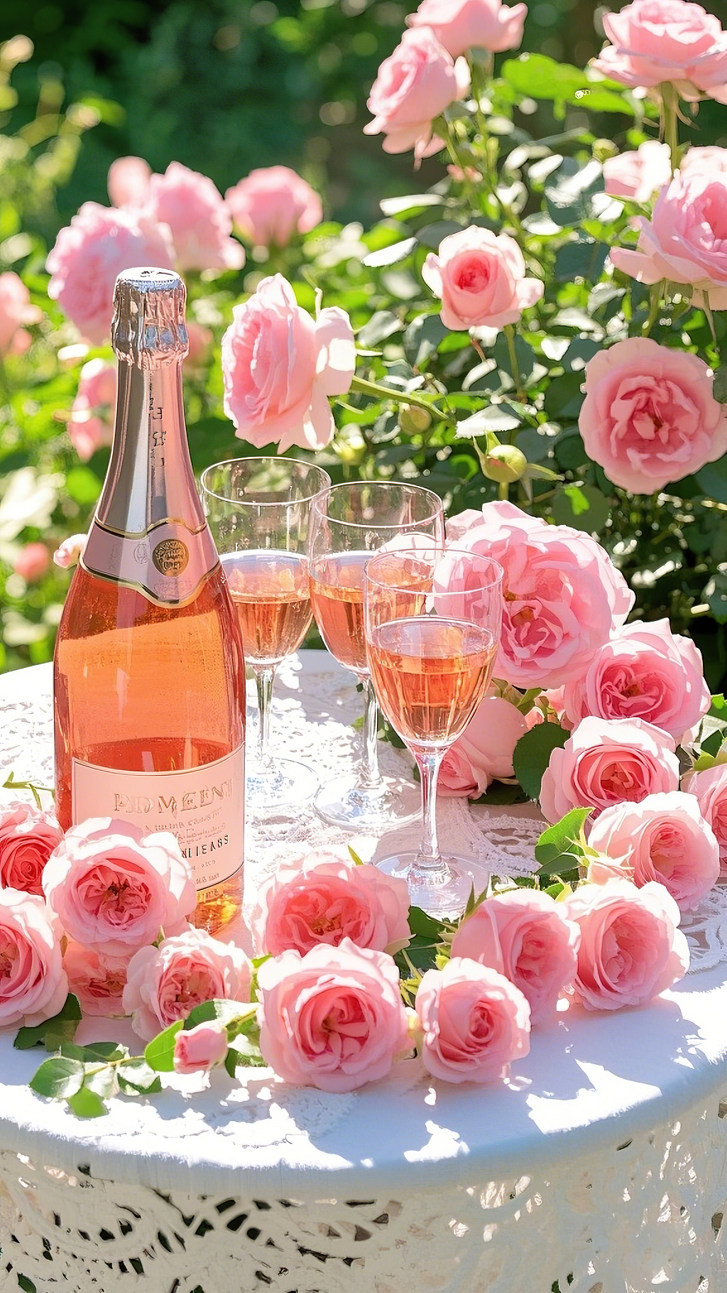 户外粉色玫瑰丛旁白色桌子上的香槟和酒杯场景AI