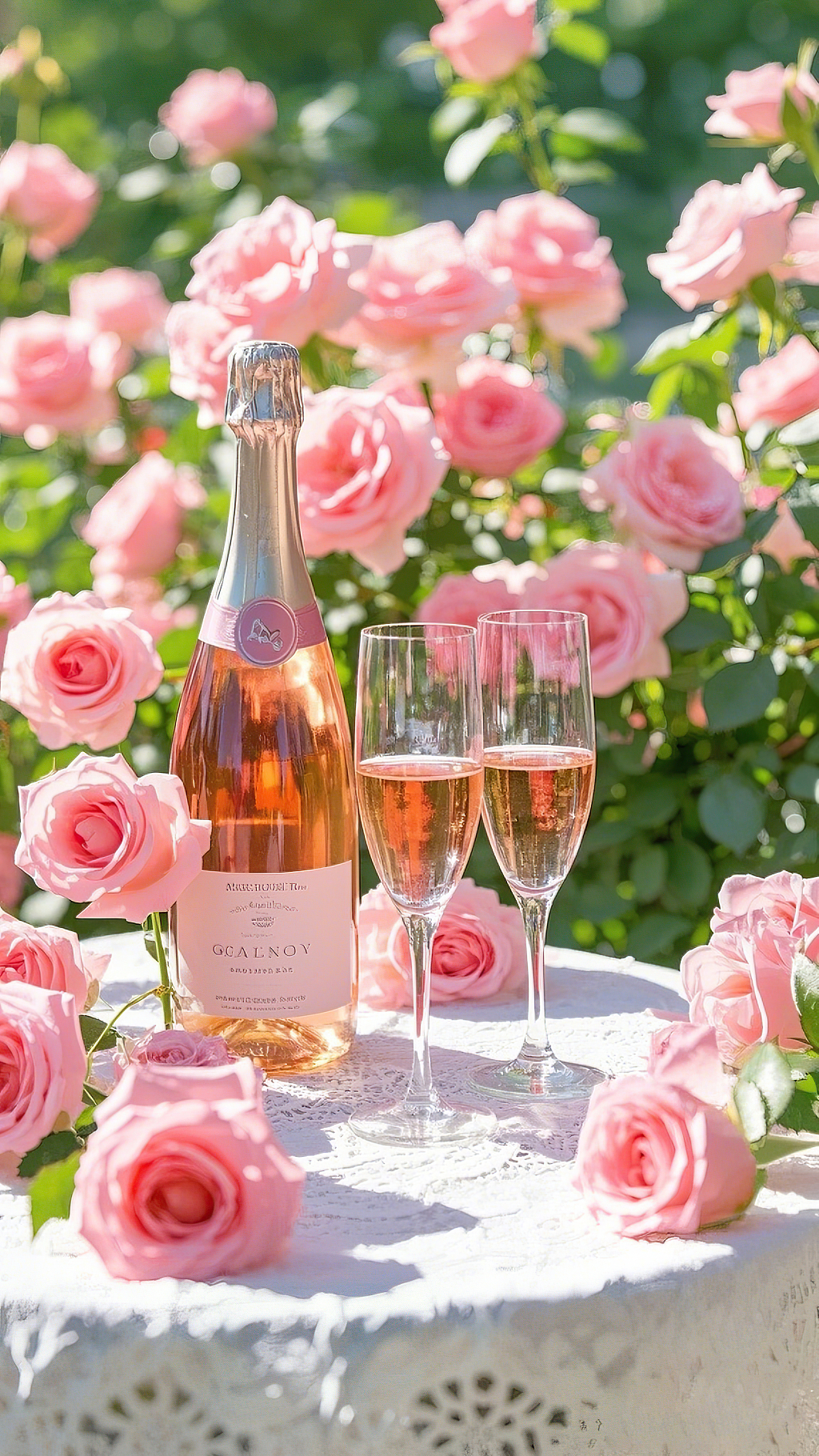 阳光中粉色玫瑰环绕的香槟美酒浪漫组合画面	AI