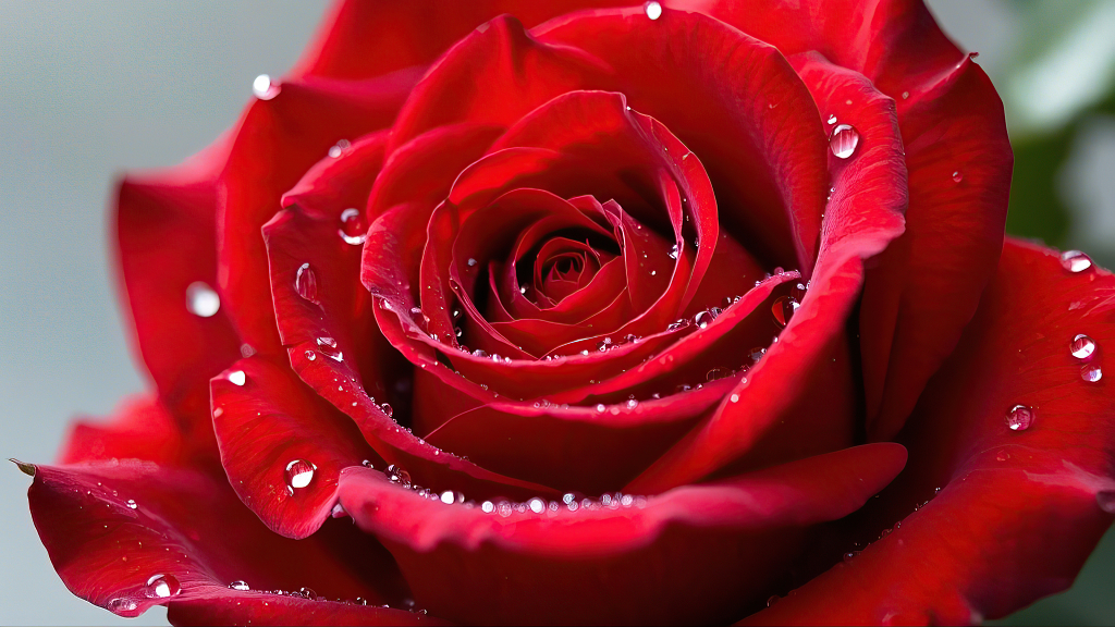 带水珠的娇艳红色玫瑰花朵特写画面	AI