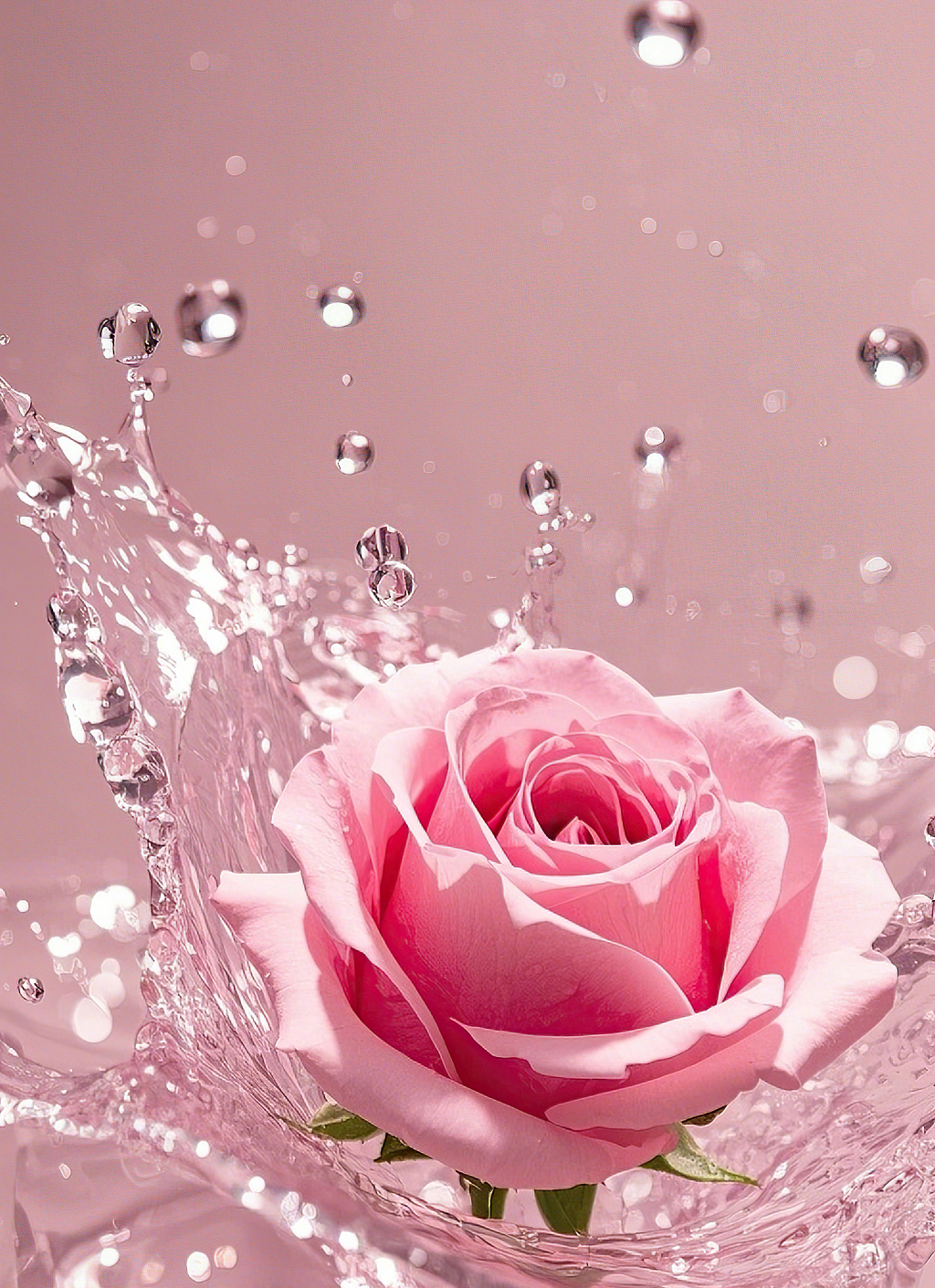 粉色背景中粉色玫瑰入水溅起璀璨水花的瞬间	AI