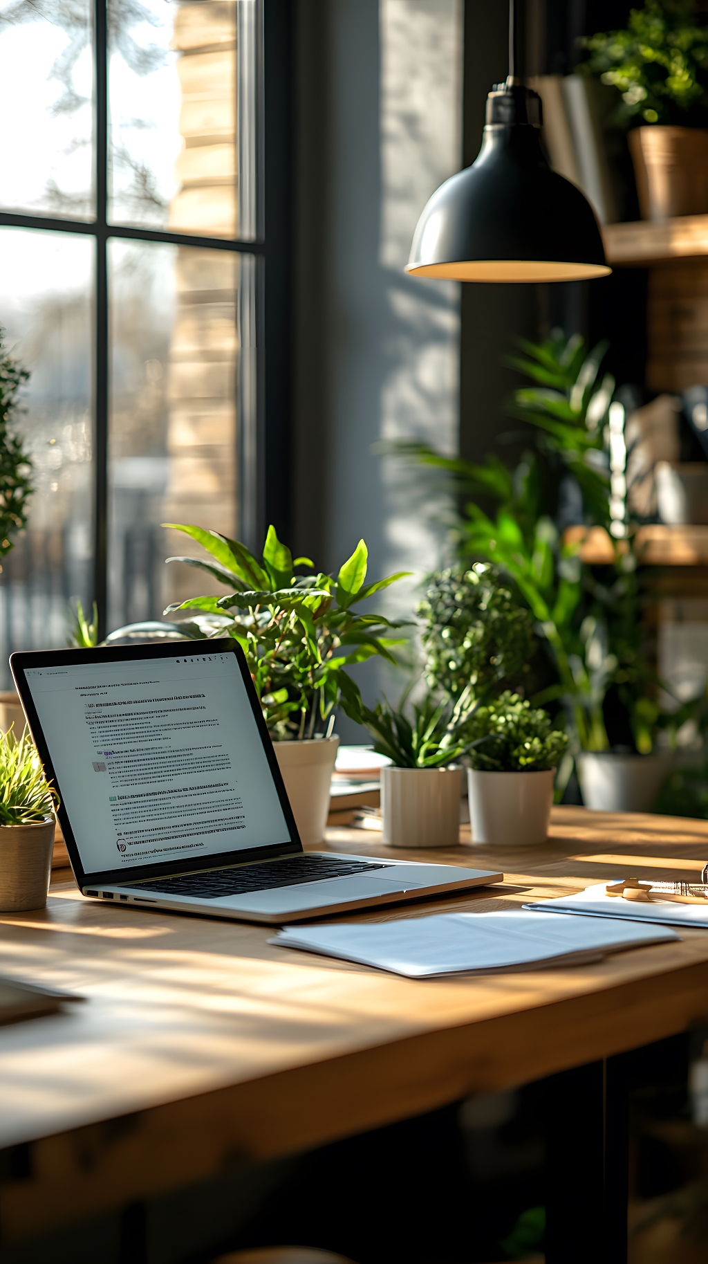 阳光绿植环绕的笔记本电脑办公桌场景自然办公环境摄影图AI
