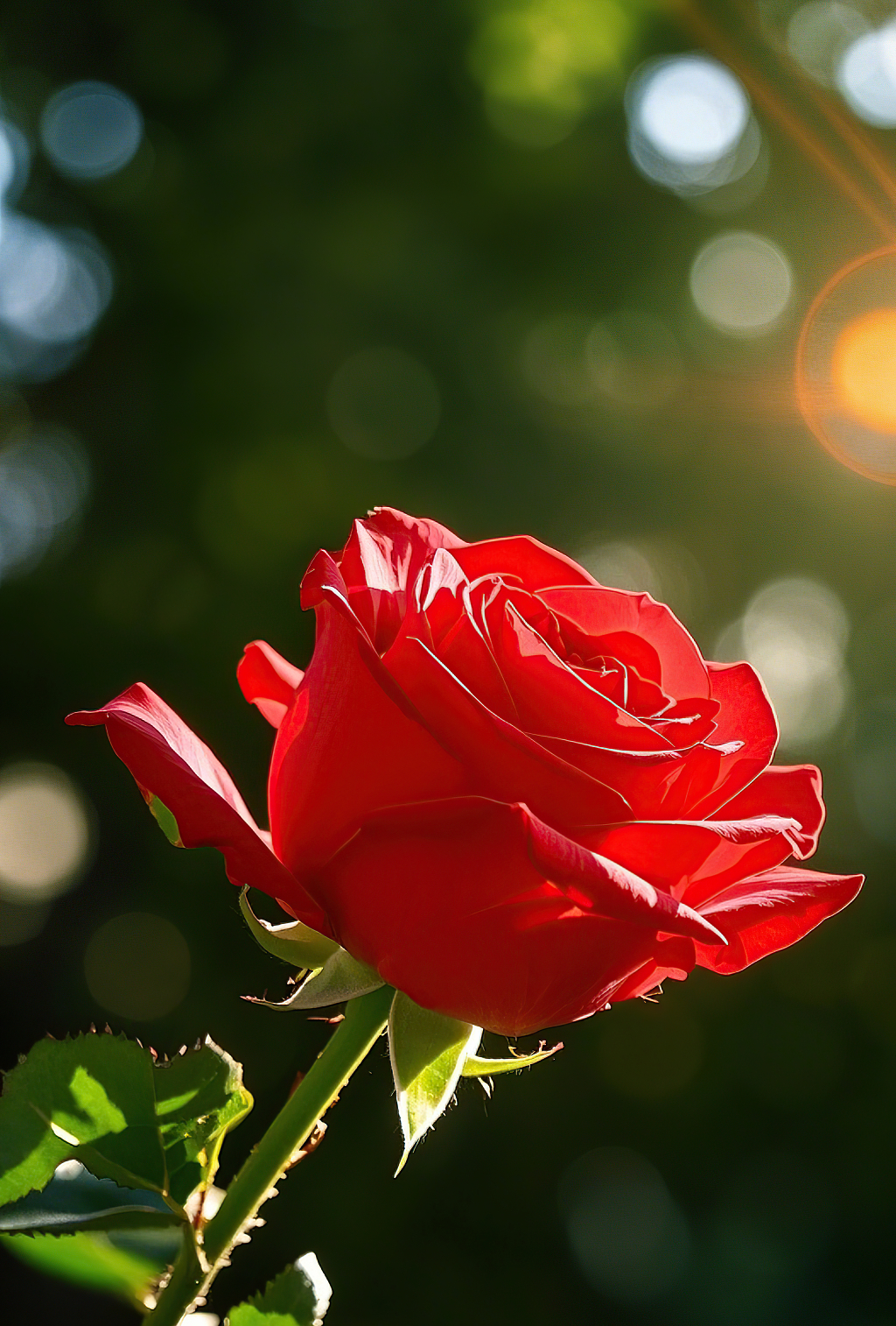 阳光下绿色背景衬托的鲜艳红色玫瑰花图片	AI