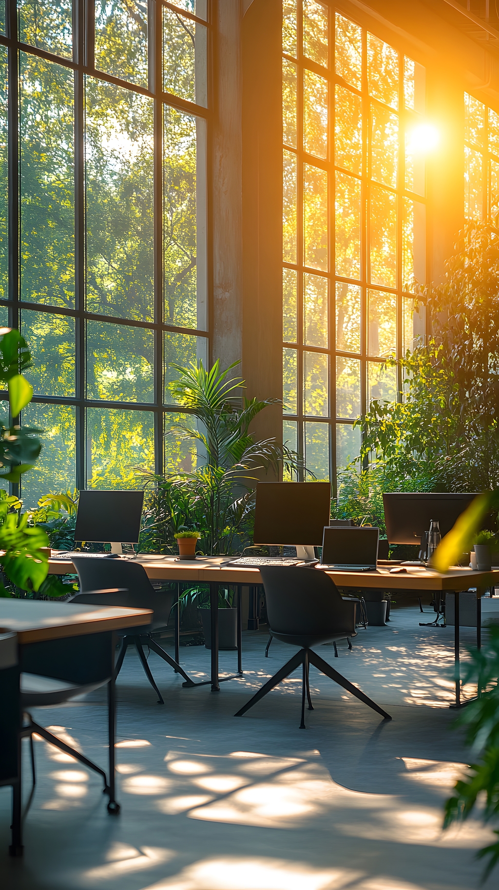 夕阳洒落绿植环绕的共享办公室自然光环境摄影图AI
