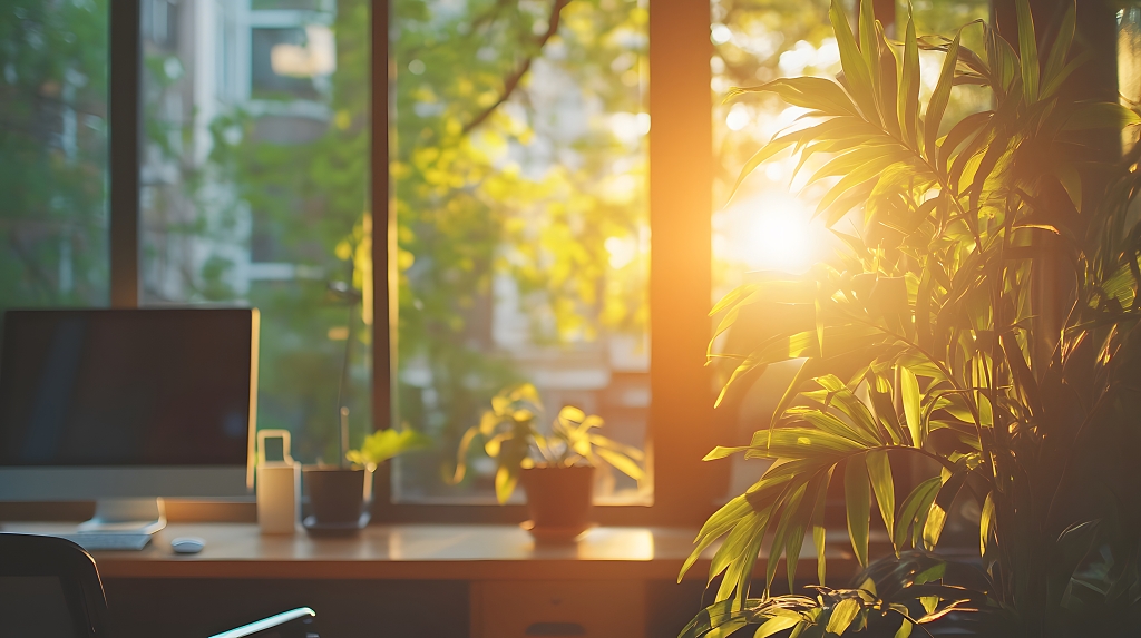 夕阳照射下的绿色植物与办公桌窗边温馨办公环境摄影图AI