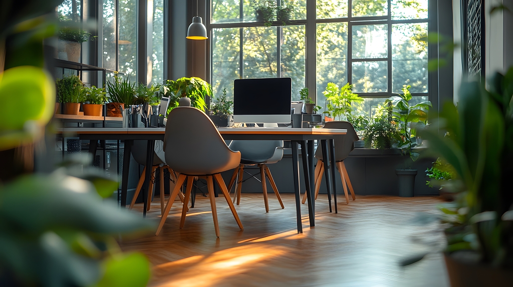 绿植环绕的阳光办公室温馨舒适办公环境摄影图AI