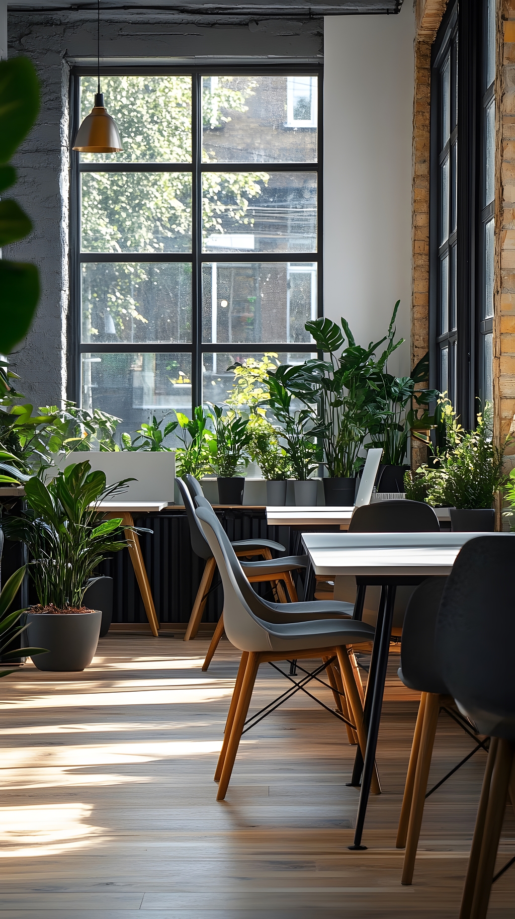 绿植点缀的自然采光办公空间现代设计摄影图AI