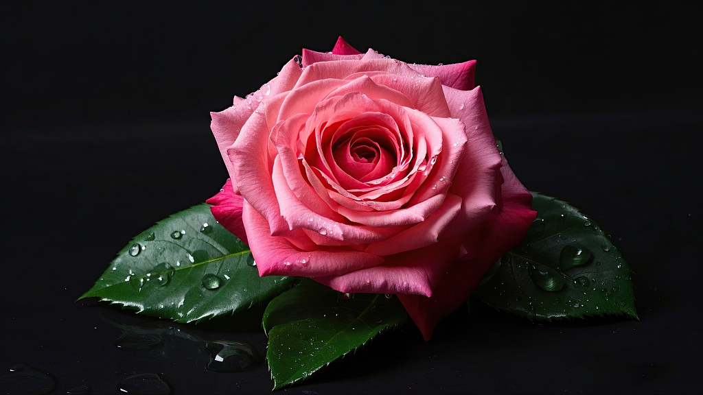 黑色背景上带水珠的娇艳粉色玫瑰花特写	AI
