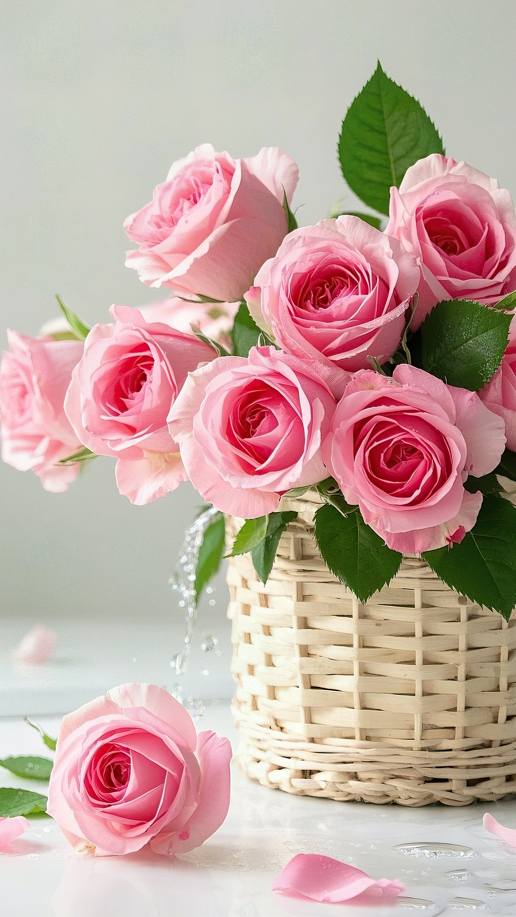 浅色背景下竹篮内外的粉色玫瑰花组合画面	AI