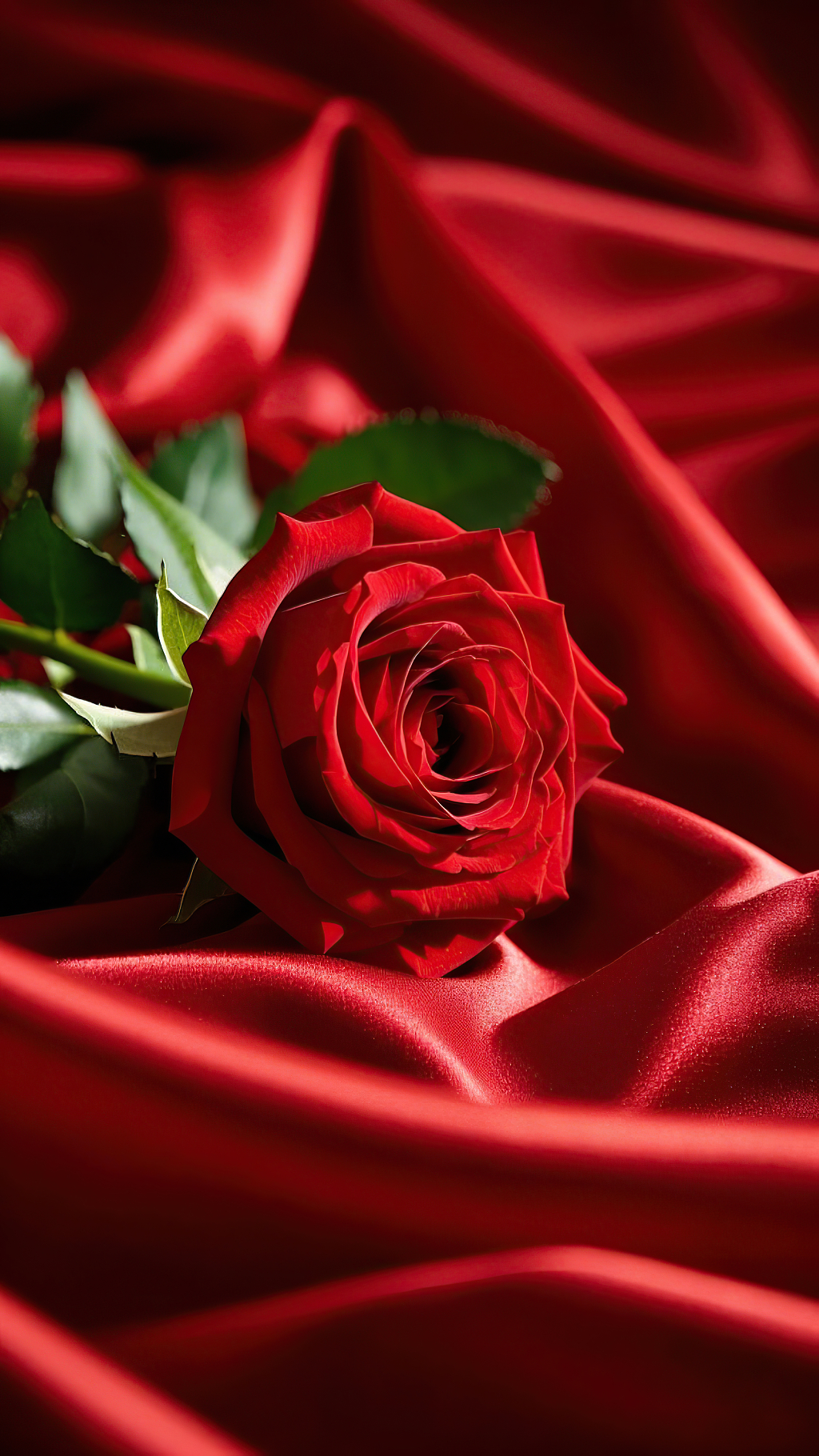 红色绸缎上放置的鲜艳红色玫瑰花画面	AI