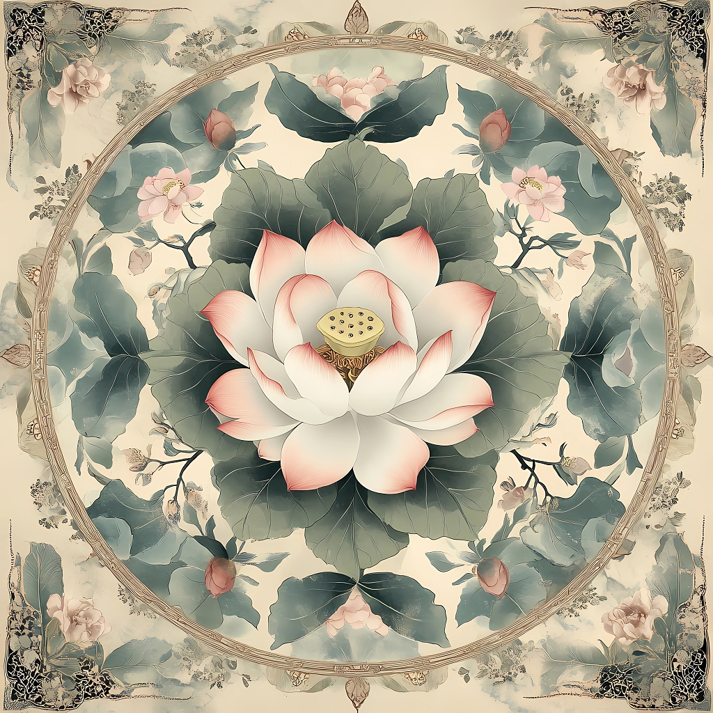 荷花荷叶夏荷米色背景圆形边框荷花荷叶花卉装饰插画图案ai