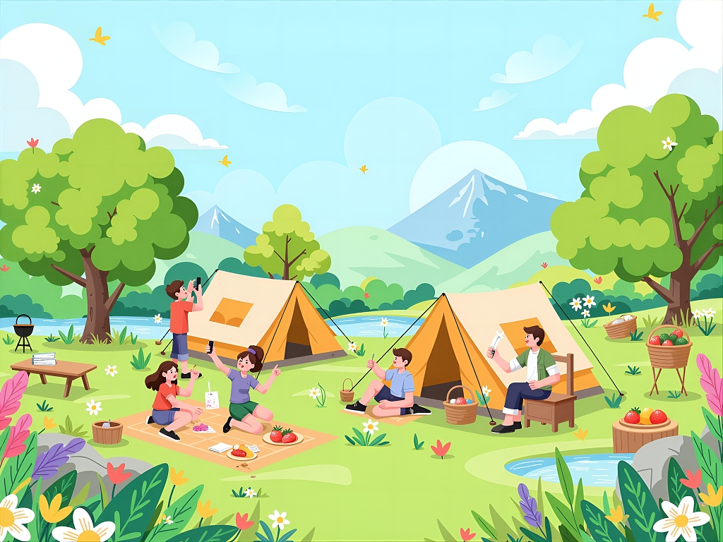 卡通扁平五一踏春出游春日户外露营场景中人们享受休闲时光AI