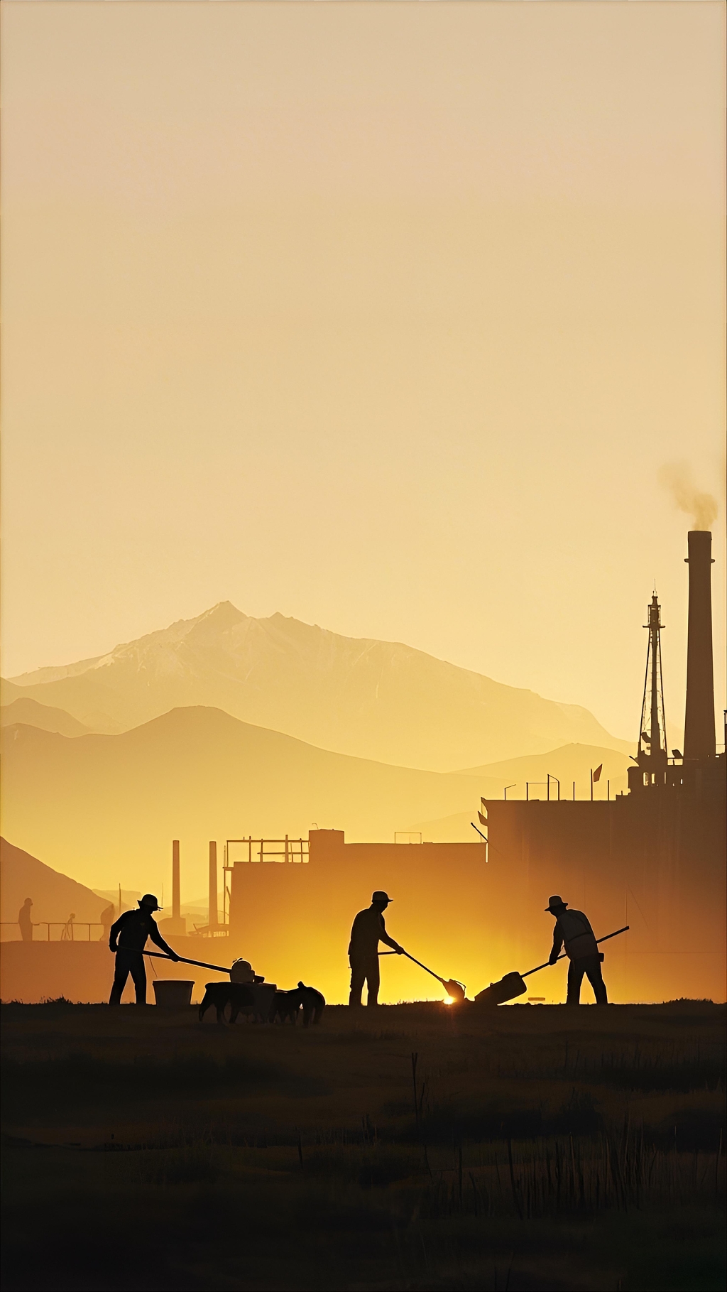 黄昏下劳动者们工作的剪影场景AI