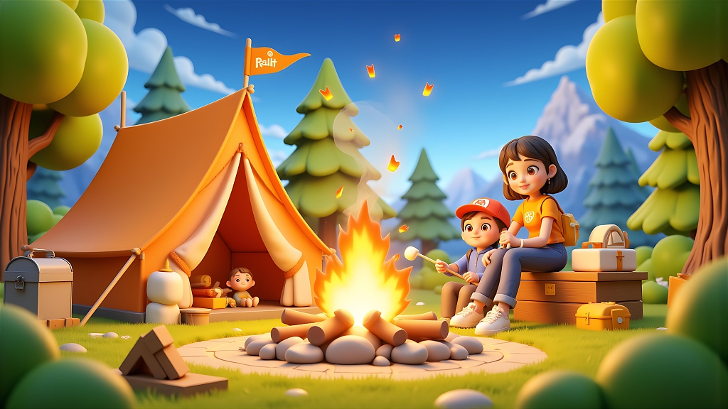卡通3D五一踏春出游露营烧烤篝火温馨的户外家庭露营休闲场景AI