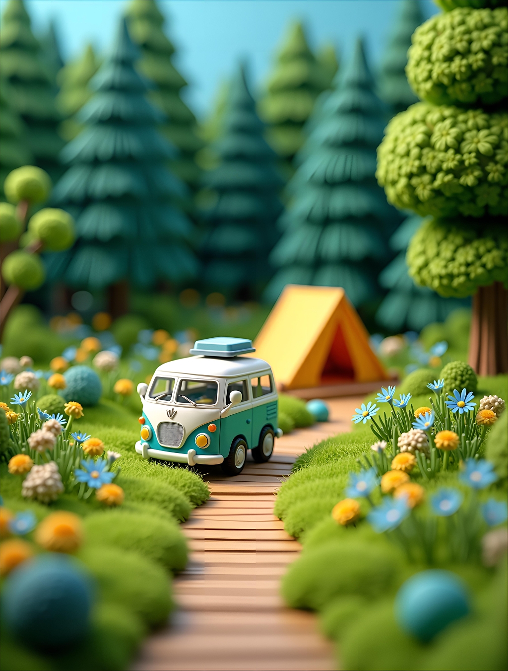 微缩模型呈现森林小径旁的露营情景AI