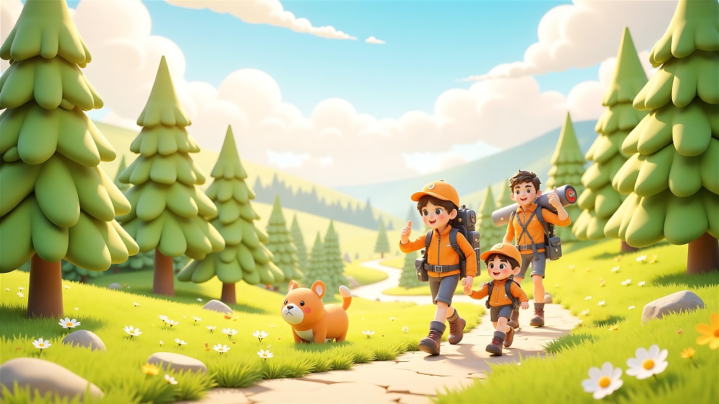 卡通3D五一踏春出游一家人在林间小路上愉快徒步的温馨场景AI