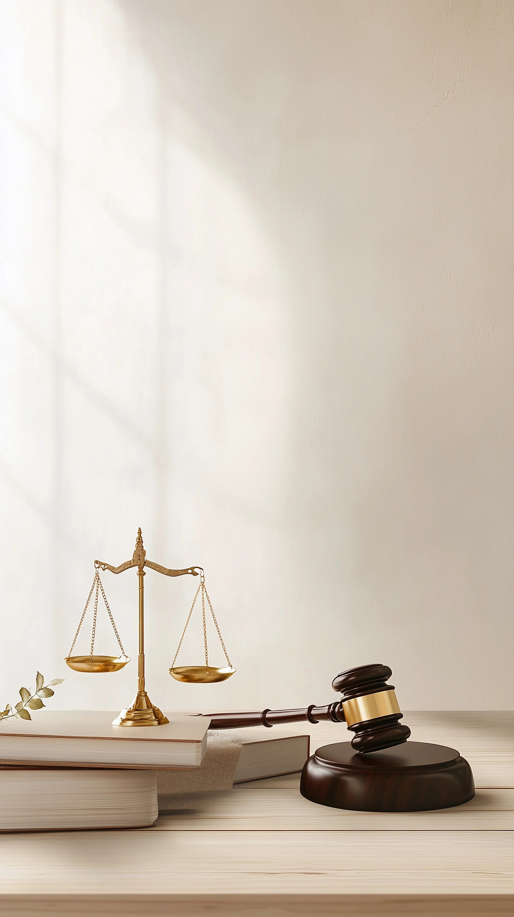 柔和光线照射下木桌上摆放的法槌天平及书本法律图片AI