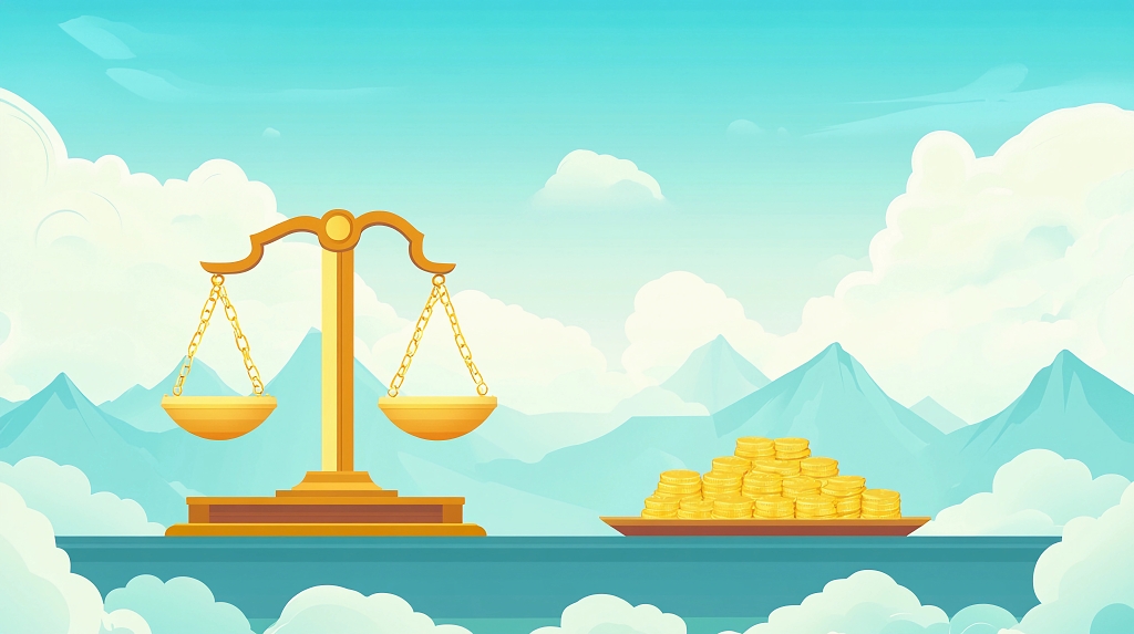蓝天白云山峦间天平与金币的法律和财富概念图片AI