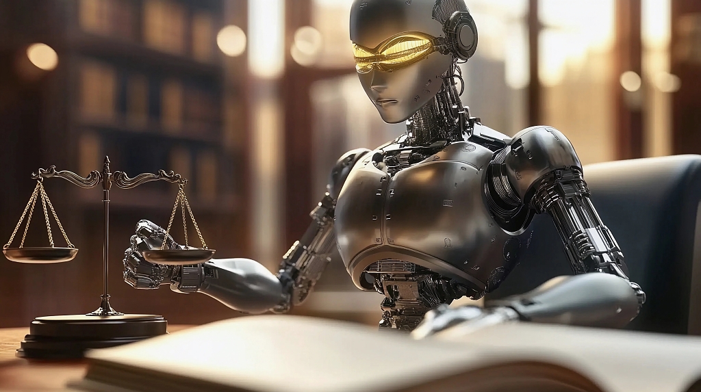 机器人手持天平旁有书本的未来法律概念图片AI