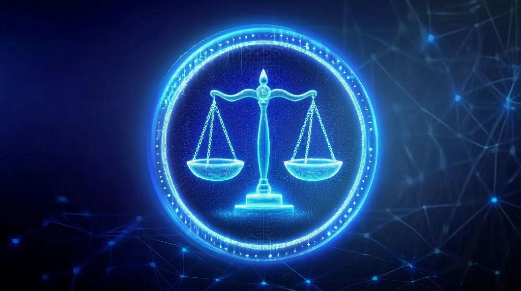 蓝色光圈环绕的虚拟天平展现法律公正的图片AI
