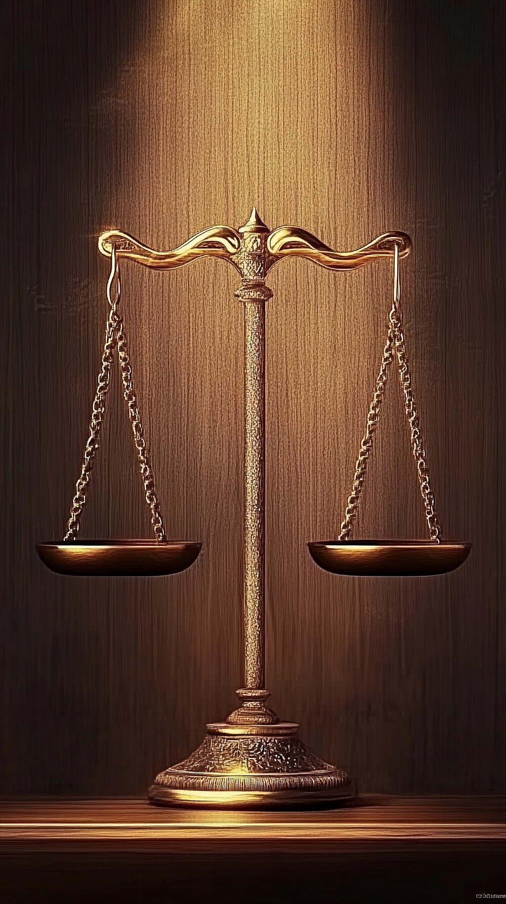木质背景前简约造型的金色天平法律象征图片AI