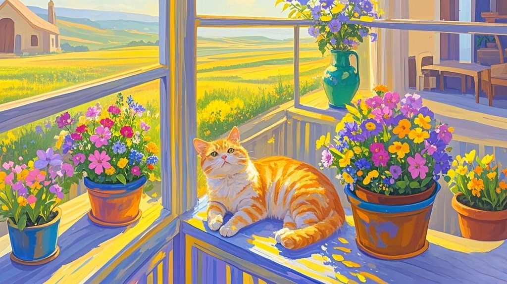 动物花园正面拍摄一位可爱猫咪开心地坐在花盆旁边晒太阳AI