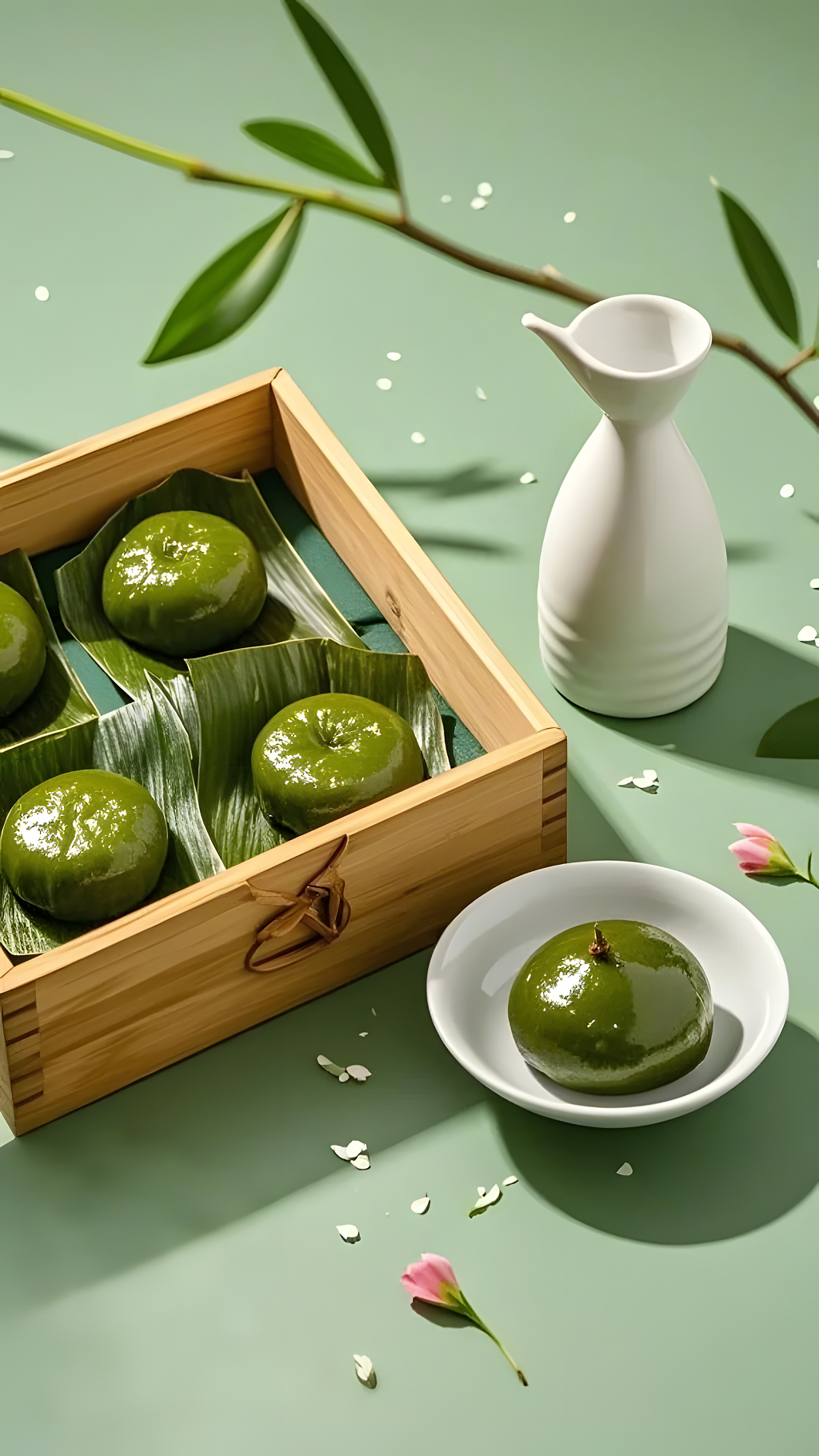 清明节青团礼盒搭配清酒绿叶春意拍摄图AI