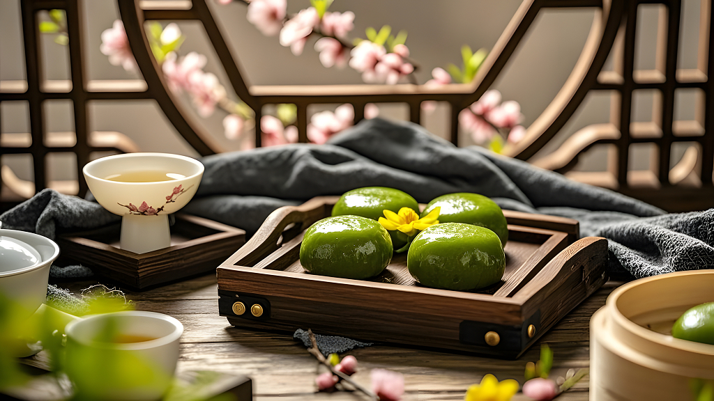 清明节青团与花窗背景中国风节令饮食图AI
